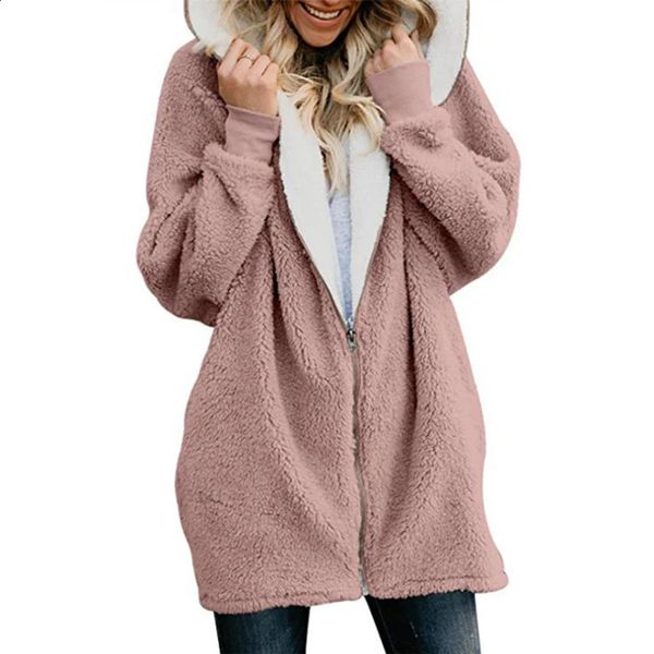 Winter Thickened Furry Hooded Sweatshirt Women Loose Comfortable Casual Outerwear Female Solid Color Warm Zipper Cardigan Hoodie 241227