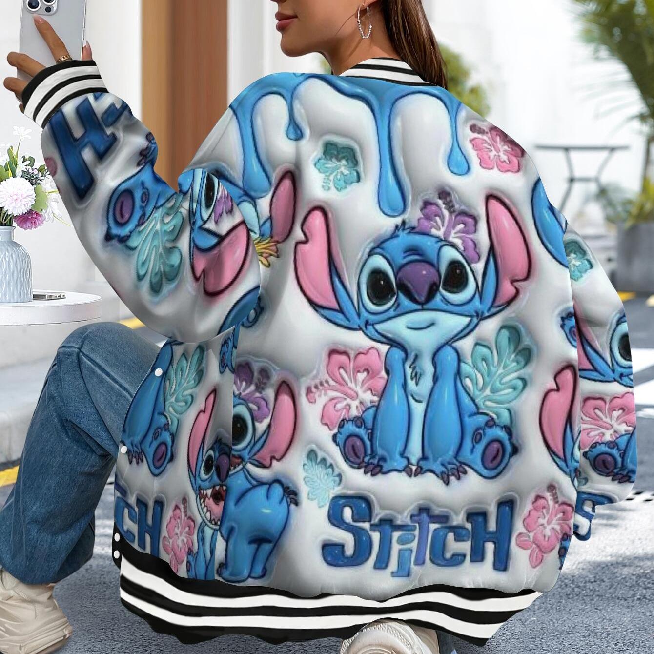 TEMU Women's Stitch Varsity Jacket - Cute Stitch & Stitch Print Hooded Baseball Coat, & Pink Cartoon Design, Long Sleeve Casual Fall-winter Outerwear