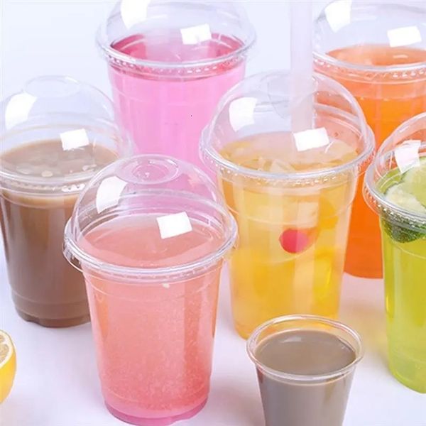 Disposable Dinnerware 50Pcs 360ml380ml500ml Clear Plastic Cups with a Hole Dome Lids for Tea Fruit Juice Cup Tableware 230901