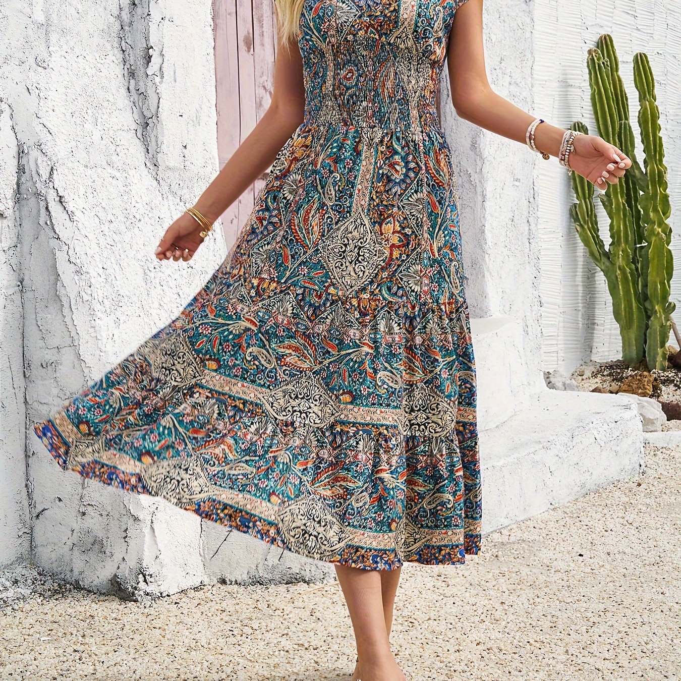 TEMU Paisley Print V Neck Dress, Elegant Short Sleeve Shirred Waist Dress For , Women's Clothing