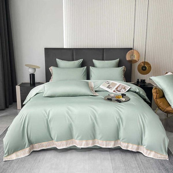 Solid Color Embroiderd Home Textile Bedding Set Luxury 4pcs Green Long-staple Cotton Duvet Cover Bedspread Sheet Pillowcases Hotel Bedclothe