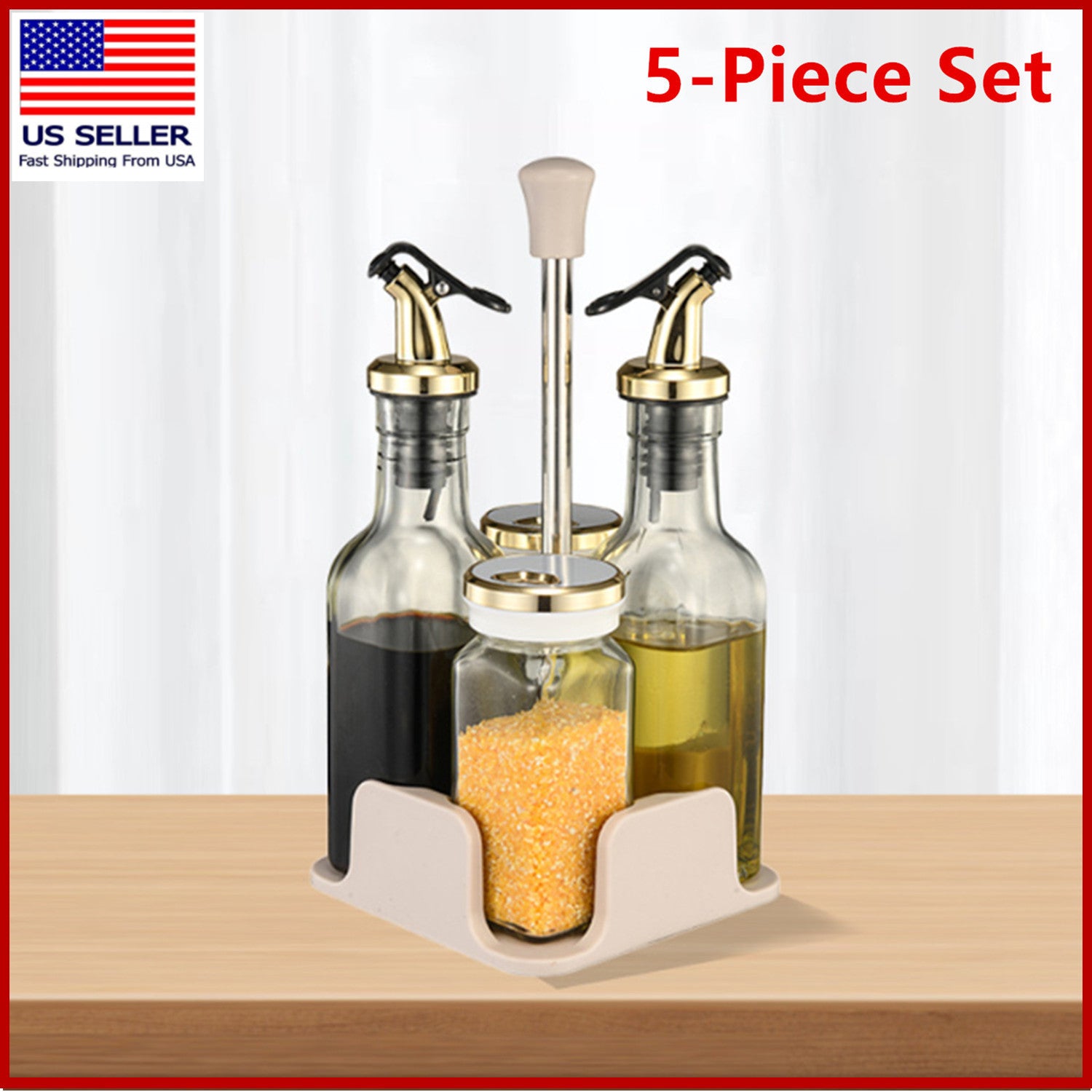 TEMU 5 Piece Condiment Set, Oil Bottle, Leak- Lid, Seasoning Bottle, Vinegar Cruets, Salt And Pepper Shakers, , For Kitchen, Cooking , Sauces, Beans,