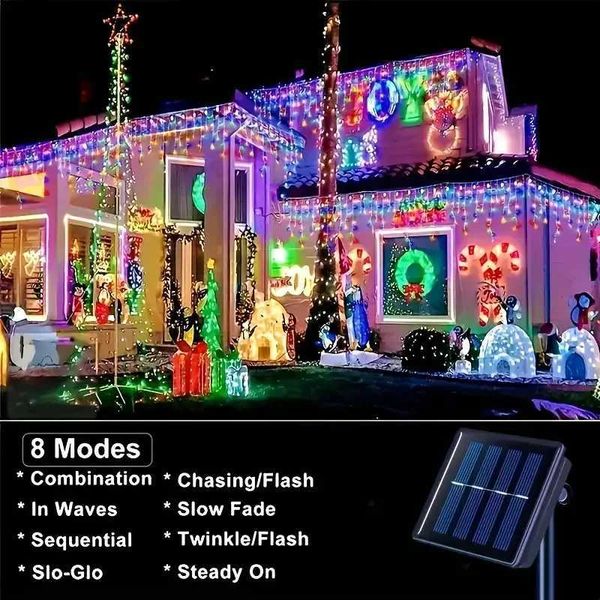 Solar powered curtains ice lights outdoor Eaves decorative lights 8-light mode wedding Christmas party garden fairy light string X2411141