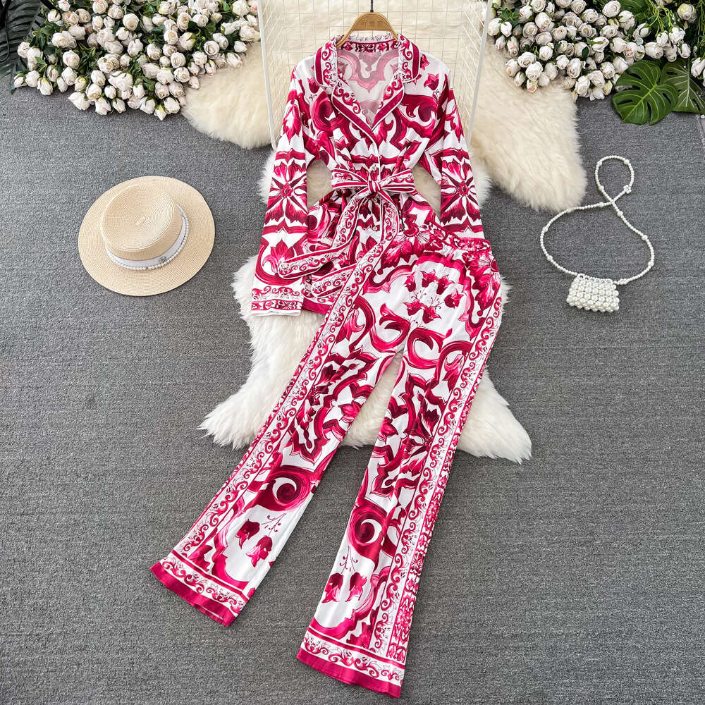 Fashion set for female socialite temperament long sleeved suit collar loose celadon printed shirt two-piece high waisted wide leg pants