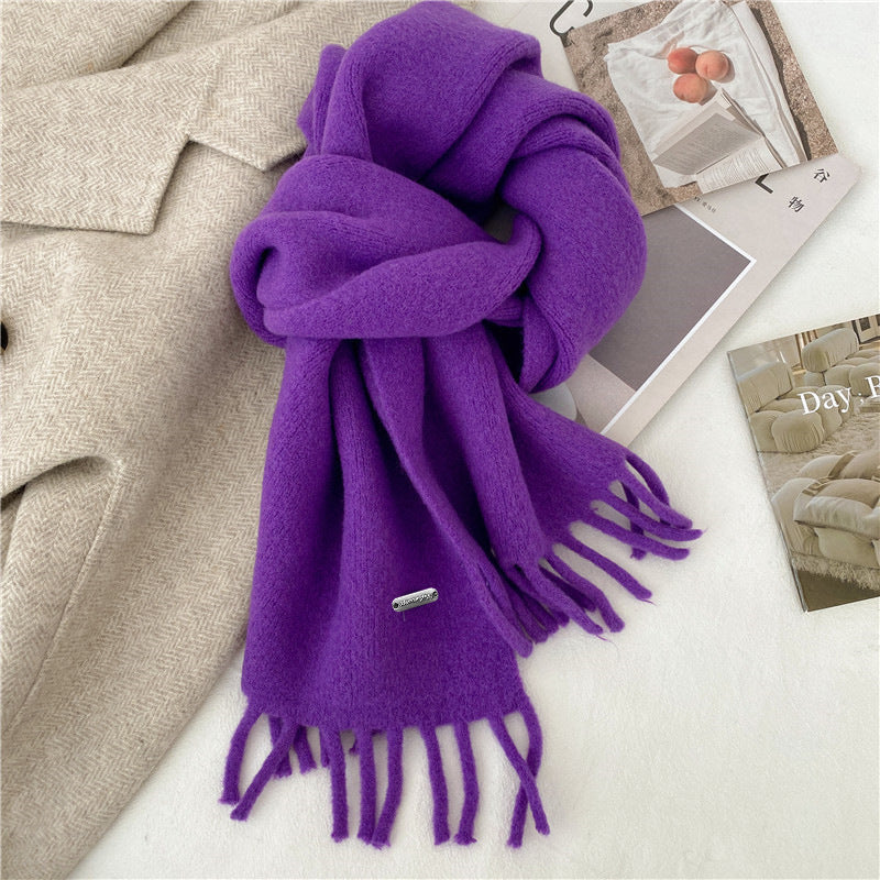 Z011 Solid color scarf for women, Korean fashion style, suitable for autumn and winter, thick and warm with tassels, faux cashmere, simple design fo