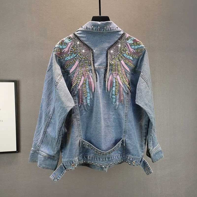 2024 New AutumnFashion Rivet Woman Denim Jacket Long Sleeve Female Jackets Jeans Coat Beading Tassel Denim Coat OuterwearX240920