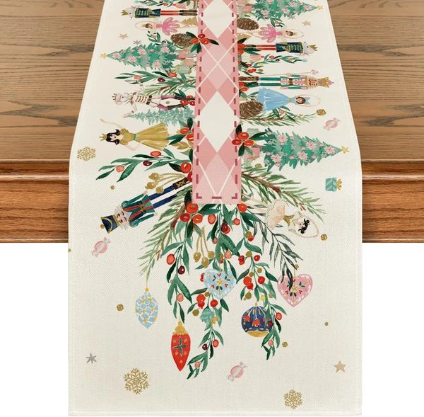 Christmas Nutcracker Floral Holly Linen Table Runner Dresser Scarf Winter Xmas Party Dining Decor Navidad Decorations 2025 250102