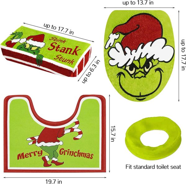 Christmas Decorations Xmas Bathroom Sets Grinch Green Monster Toilet Seat Cover and Rug for Indoor Home Bathroom Sets of 4 pcs (Red - Green)