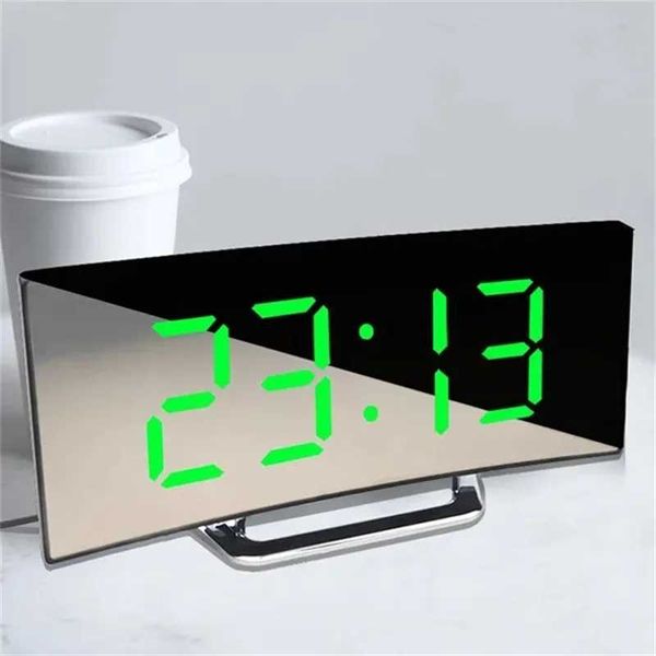 Curved Screen Mirror LED Digital Clock Creative Digital Alarm Clock with Large Display USB Charging Powered Bedside Table Clock Y240904