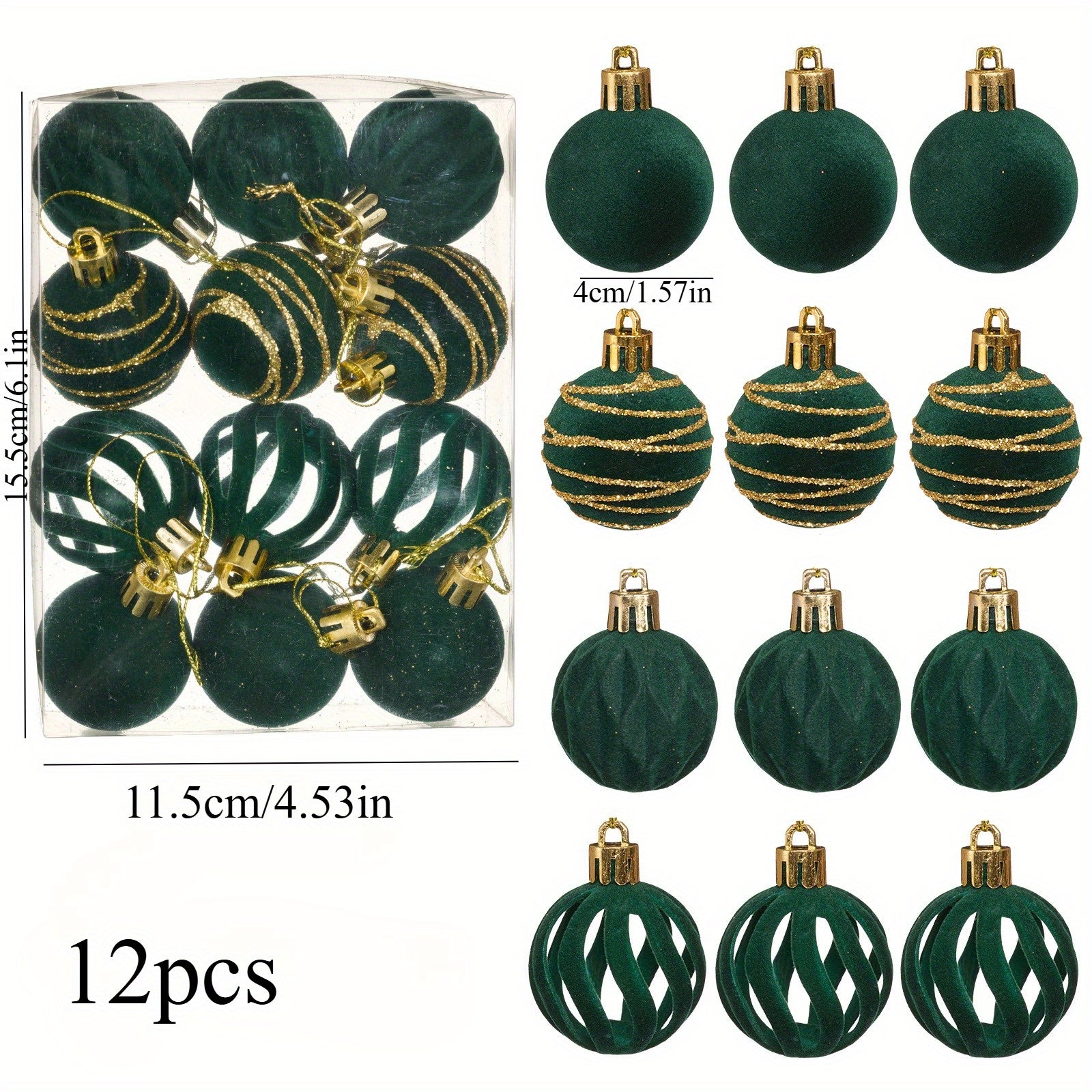 TEMU 12pcs 4cm Glossy Hollow Flocked Christmas Ball Set With Premium Gift Box - Home, Garden, And Hotel Decorations