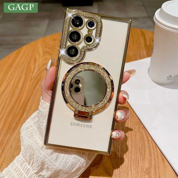 Cell Phone Cases Suitable for Samsung S24 Ultra Mirror Magsafe Case Galaxy S24 Plus Samsung S23 S22 Ultra Luxury Diamond Electroplated Brack
