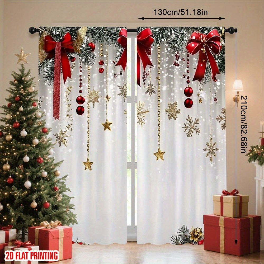 TEMU 2d Flat, 2d Flat Printing 2pcs Merry Christmas Popular Curtain Red Bow Durable Polyester Without Electricity Decoration Perfect For Outdoor And
