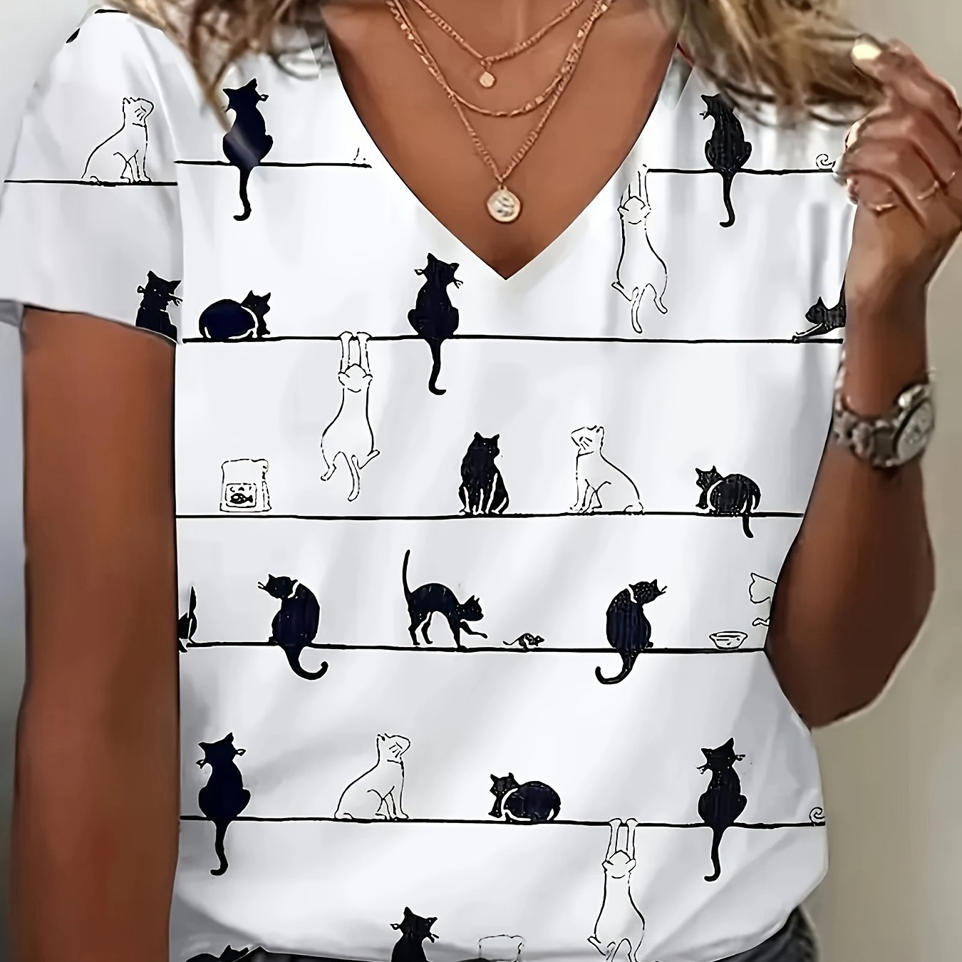 TEMU Women's Casual Cat Print V-neck T-shirt - High Short Sleeve Top With Asymmetrical Design, Machine Washable & , Fashion, Versatile Clothing,