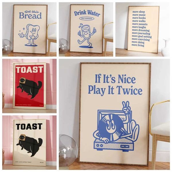 Music Groovy Record Player Get This Bread Beverage Water Self Care Quotation Wall Art Canvas Painting Poster Living Room Home Decoration CL2