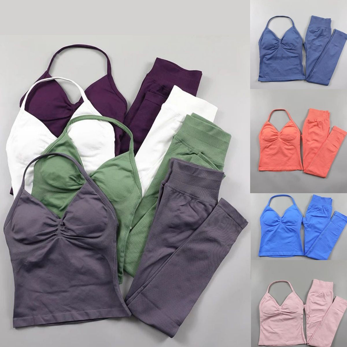 Womens Longline Strappy Top Vest and Padded High Waist Scrunch Seamless Yoga Leggings Fiess Clothes Workout Sets Suit Activewear Gym Set