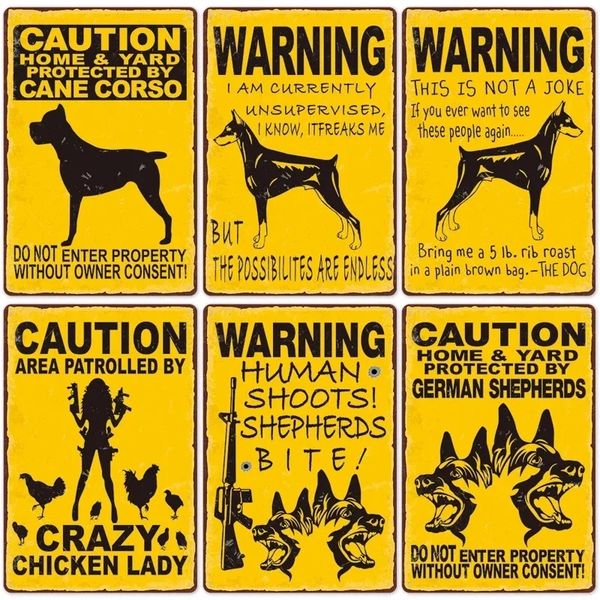 HISIMPLE Warning Dog Metal Painting Vintage Poster Beware of Dog Retro Tin Plates Wall Stickers for Garden Family House Door Decoration 20cm