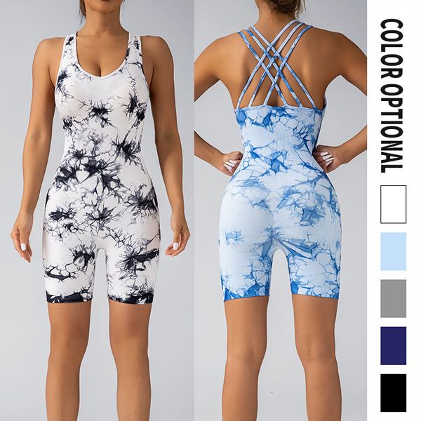 High quality Tie dye jumpsuit one-piece with chest cushion, crossed back, tight fitting, seamless quick drying fitness yoga suit