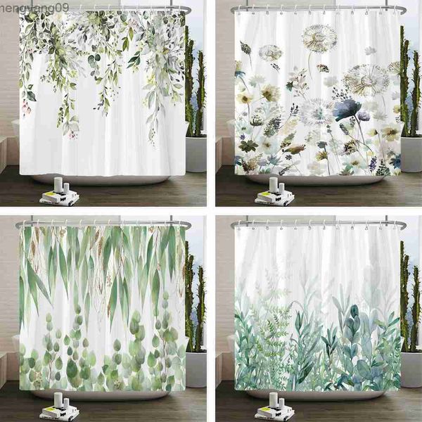 Shower Curtains Green Plant Leaf Flowers Shower Curtain Modern Nordic Minimalist Printed Polyster Home Decor Bathroom Curtain with R230822