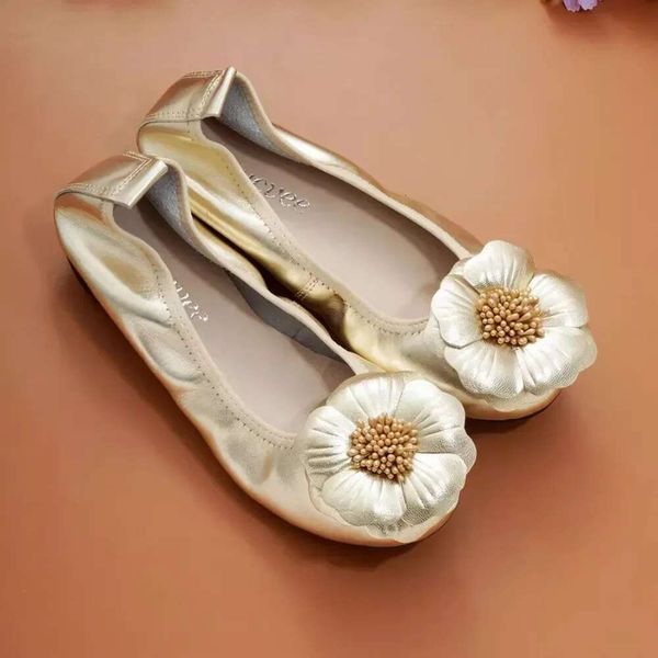 2024 New Summer Women Cutouts Genuine Leather Shoes Comfortable Wer Nurse Casual Handmade Ballet Flats Gold Sier