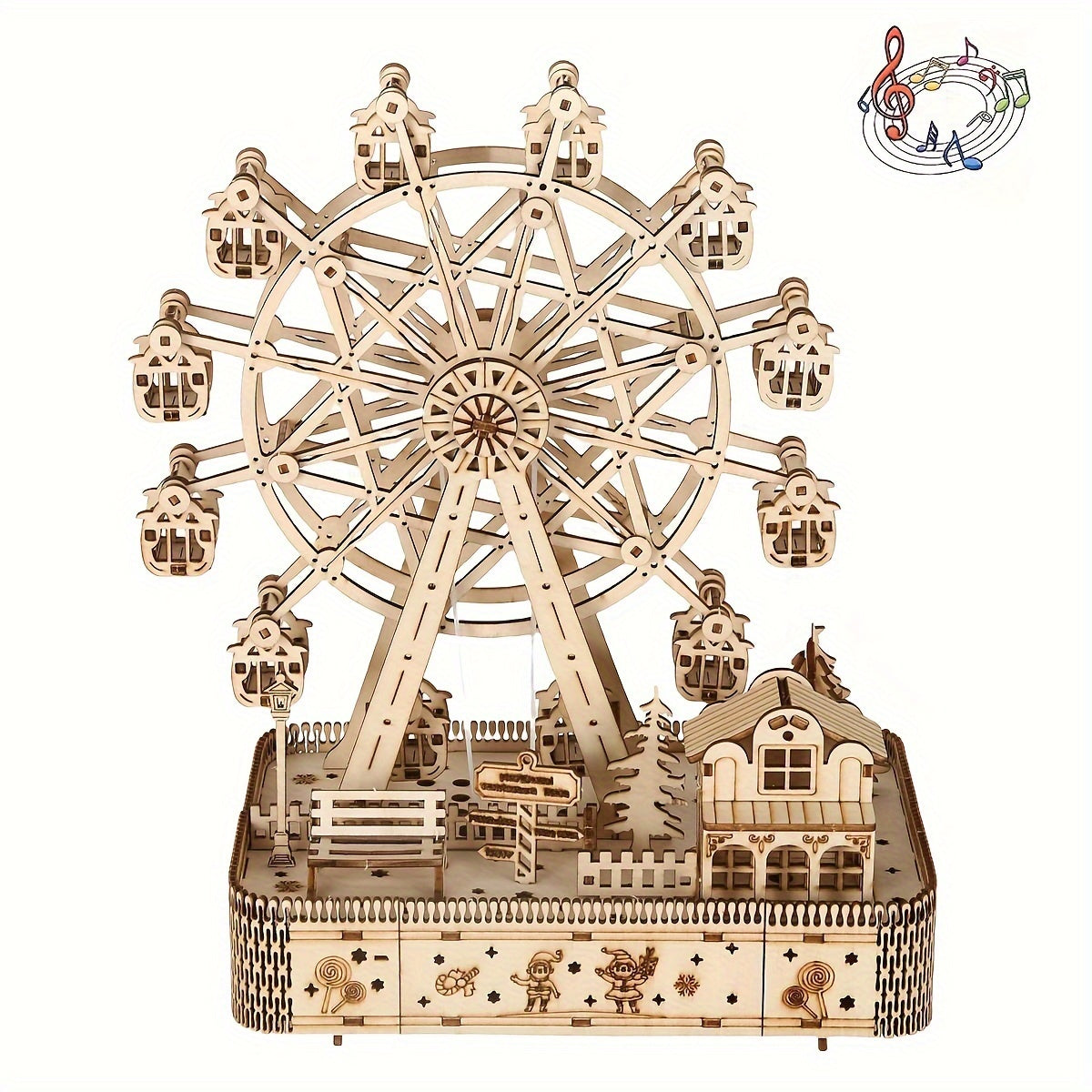TEMU 3d Wooden Wheel Puzzle With Music Box, Led Crafts, Handcrafted Wood Model, Diy , With No Electricity Needed, For Christmas, Halloween, Easter,
