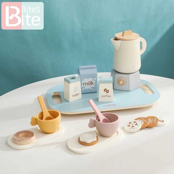 Wooden afternoon tea set toys pretend to play coffee learn role-playing games gifts for young children girls and boys early education toys W