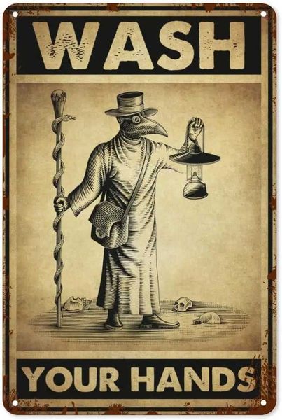 High Quality Vintage Wash Your Hands Metal Tin Sign Retro Plague Doctor Tin Plate Sign - 8x12 Inch - Classic Funny Wall Decor for Bedroom Ba