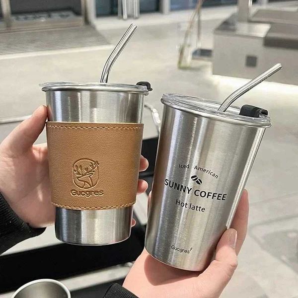 Stainless Steel Coffee Mug with Straw Lid Portable Coffee Cup Drinking Beer Milk Water Cup Restaurant Bar Party 500ml Y240813