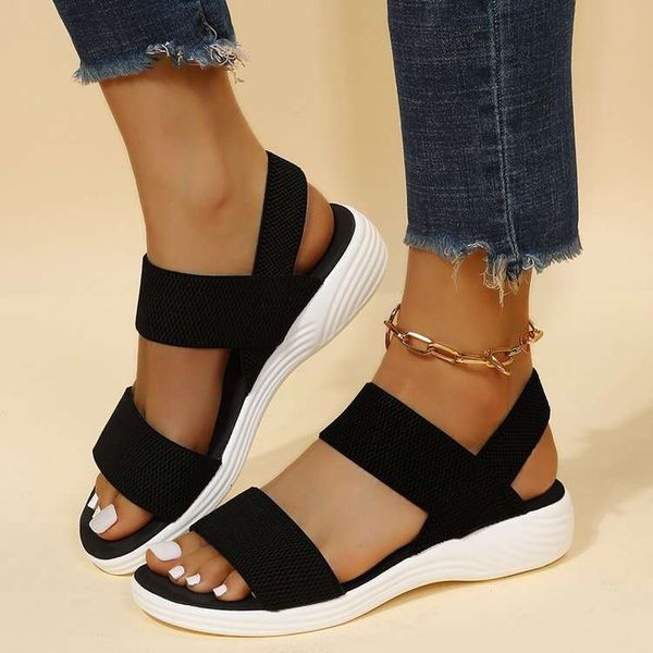 New Spring-Summer Slope Heel Fish Mouth Shoes Casual Elastic Large Women&#039;s Sandals