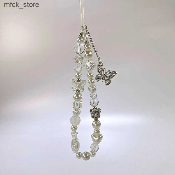 Straps Charms Silver Butterfly Bead Keychain on the Charm Cute Lanyard Cell Phone Strap Pendant For Woman Mobile Accessories J241203