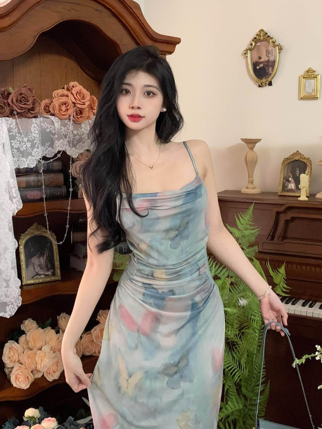 207 suspenders seaside holiday style large size slim waist dress new butterfly mesh Chinese aesthetic retro