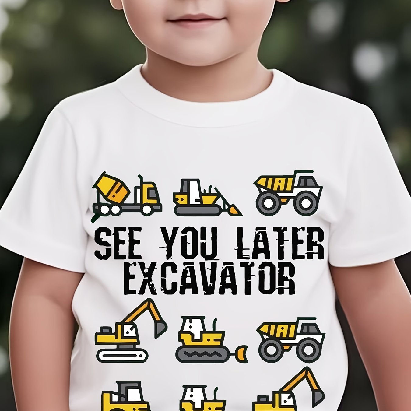 TEMU 2025 Trendy Cartoon "" Printed 100% Cotton T-shirt, Excavator Anime Casual Kawaii Round Neck Short Sleeve