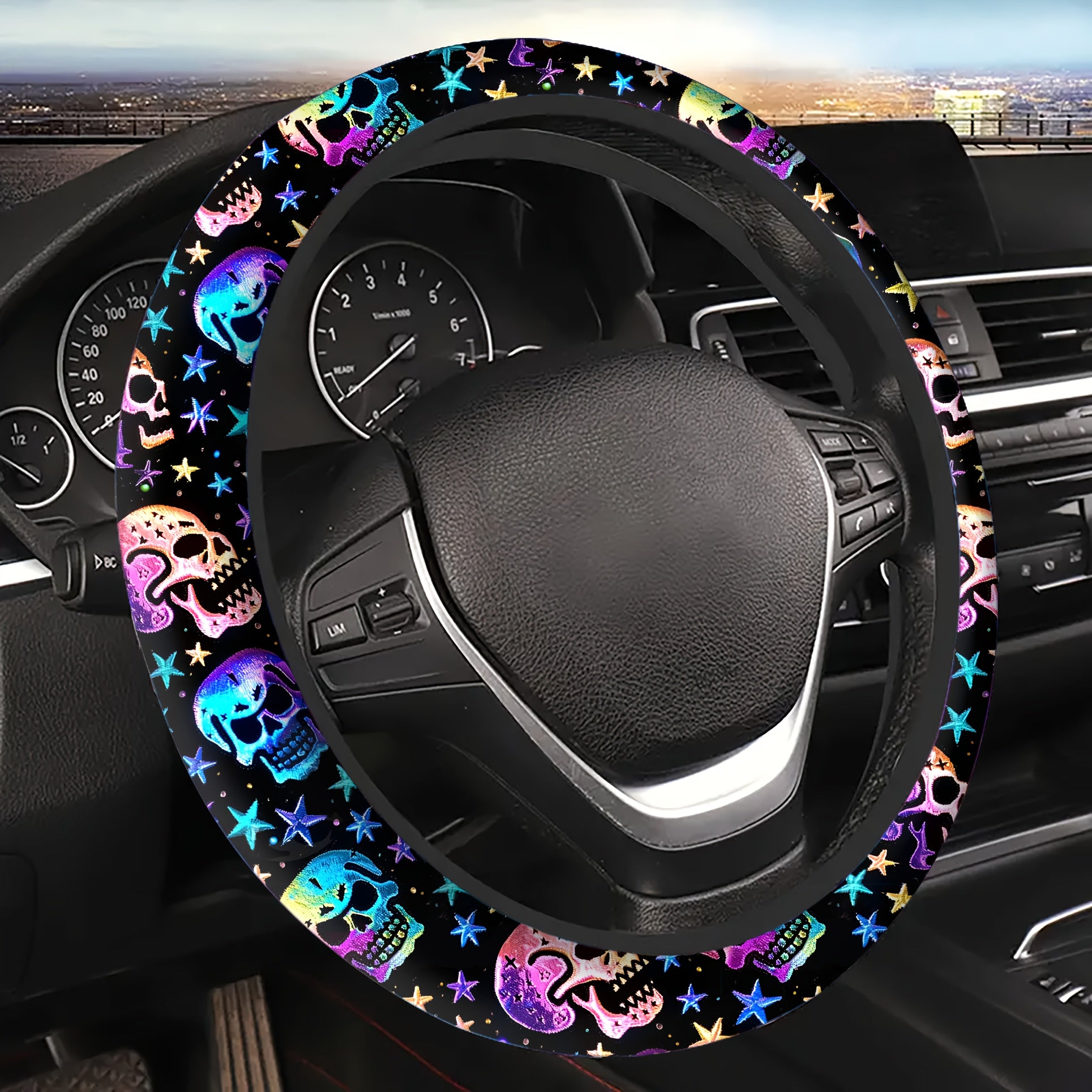 TEMU 1pc Colorful & Star Pattern Steering Wheel Cover - Non-slip, Elastic, 15-inch Fit For Cars, Suvs, Trucks - Vibrant Neoprene Grip Enhancer