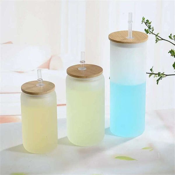 25Oz Sublimation Glass Beer Mugs With Bamboo Lid Straw DIY Blanks Frosted Clear Can Shaped Mug Cups Heat Transfer Tail Iced Coffee Soda Whis
