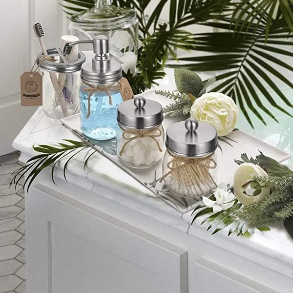 Mason Bathroom Accessories Lids Set(4pcs) - Jar Not Included - Silver Soap Dispenser Lid,Toothbrush Holder , Apothecary Storage Jars Lids