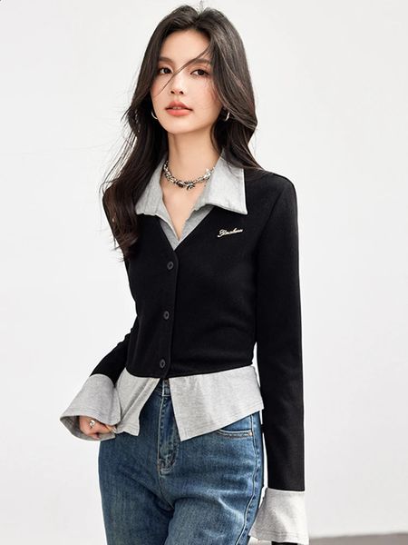 Preppy Style Twopiece Cropped Top Chic Patchwork Turndown Collar Long Sleeve Tshirt Harajuku Casual Women Shirt 241021