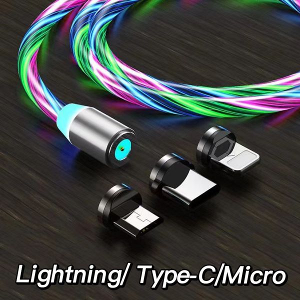 DHL Magnetic Phone cables 3 in 1 Fast Charger LED Flowing Light Type C Cable Quick Charging Line 2A Micro USB Cable Chargers Cord