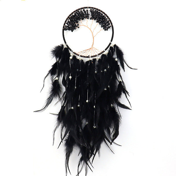 Tree of Life Wrapped Natural Black Quartz Chips Woven Web-Net with Feather Decorations