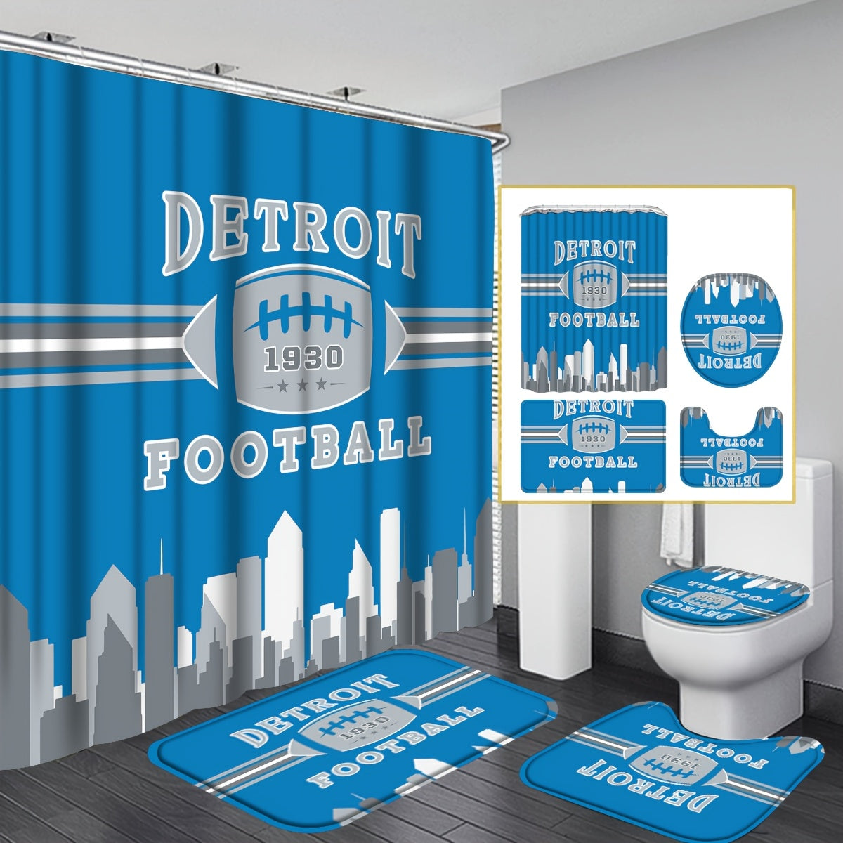 TEMU 1930 Est.football Team Shower Curtain - Gift Bath Curtain - 4pcs Bath Drape Set With Non-slip Rugs, Toilet Mat, Toilet Seat Cover, Detroit