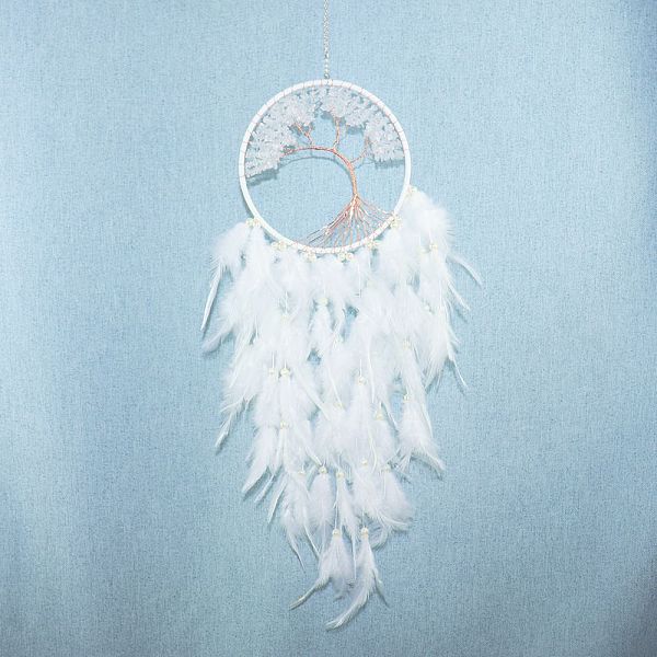 Tree of Life Wrapped Natural Quartz Crystal Chips Woven Web-Net with Feather Decorations