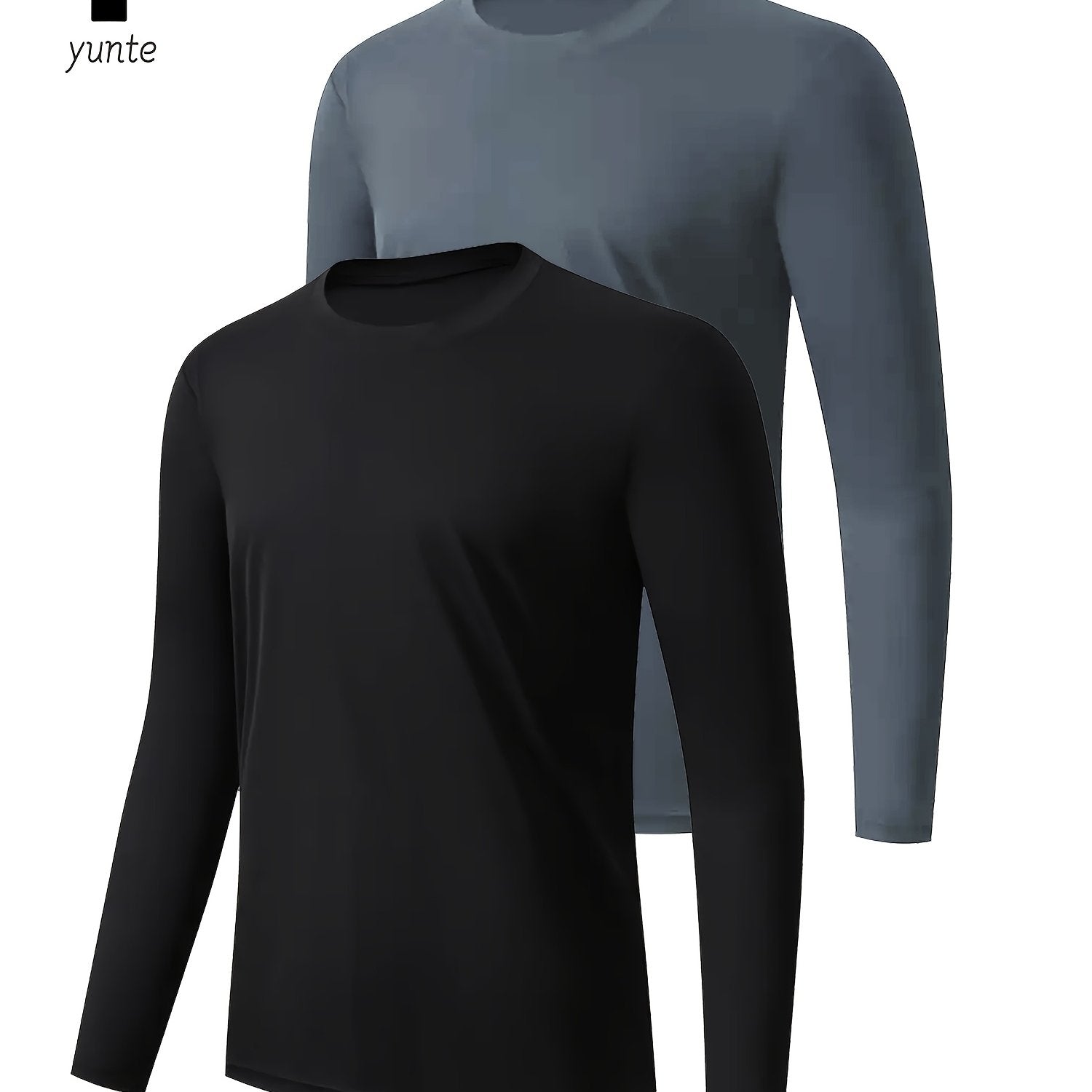 TEMU 2-pack Men's Athletic Long Sleeve Crew Neck T-shirts, Quick- Tops, Fitness & Casual Outdoor Activewear, Solid Color, Slight Stretch Fabric,