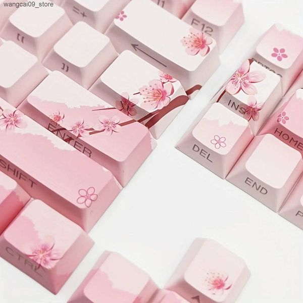 Keyboards Cherry Blossom Pink Mechanical Keyboard Keycap 128 Keys Cherry Side Engraving Illuminated PBT Material Cute Girl J241218