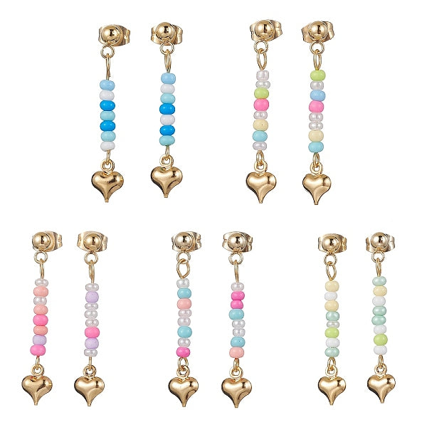 5 paire de boucles d'oreilles pendantes en forme de cœur en acier inoxydable 304 doré