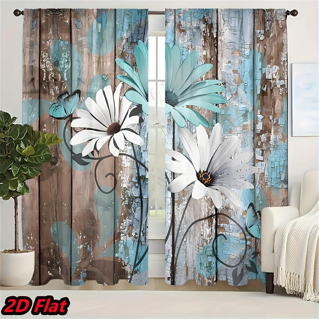 TEMU 2d Digital Printing 2pcs Vintage Woodgrain Floral Curtains No Rod Washable Polyester Material Shade Privacy Protection Nostalgia Warm And