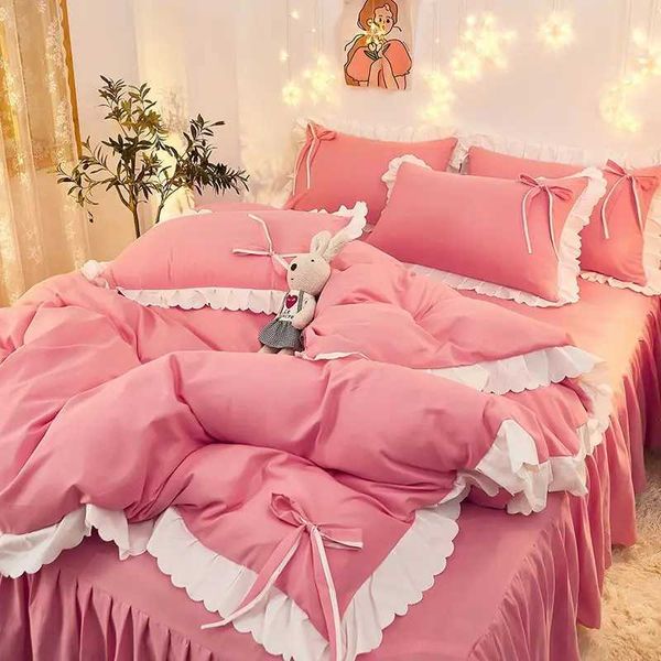 Korean Ins Bedding Set Luxury Quilt Cover case Flat Bed Sheets Simple Girl Princess Ruffle Home TextilesC250122