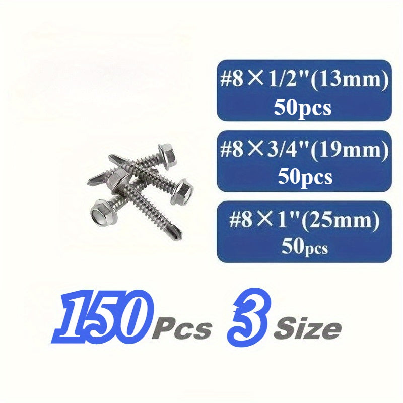 TEMU 150pcs 410 Stainless Steel #8 Self Tapping Tek Screws Assortment Kit, #8 (4.2mm) Hexagon Self Drilling Screws For Metal- Furniture, Building And