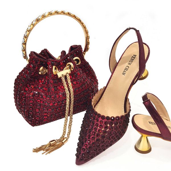 Doershow African Fashion Shoes And Bag Sets For Evening Party With Stones Wine Italian Handbags Match Bags Hae1-4
