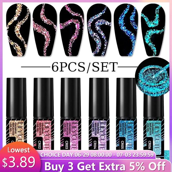 LILYCUTE 6Pcs Colorful Reflective Glitter Nail Art Liner Gel Nail Kit Sparkling Painting Gel Nail Polish Semi Permanent UV Gel 240702