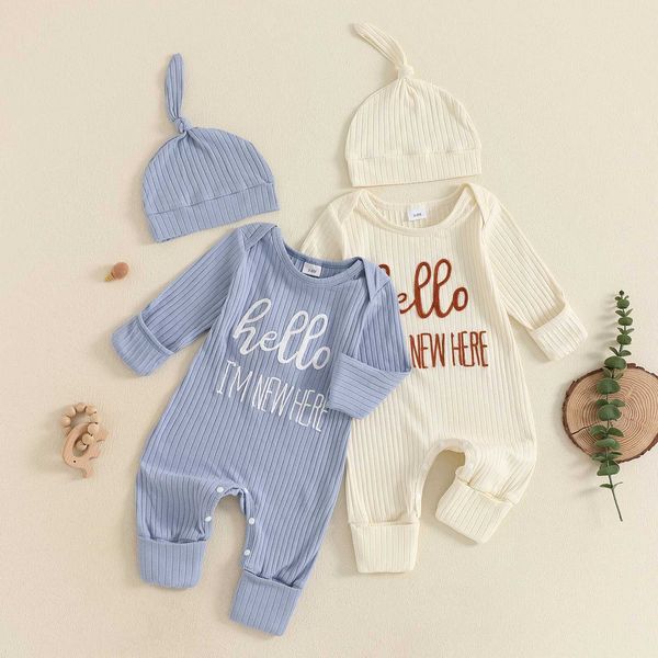 Newborn and baby boy autumn clothing set casual letter embroidery long sleeved ribbed Rper jumpsuit and hat 2-piece set Y250111