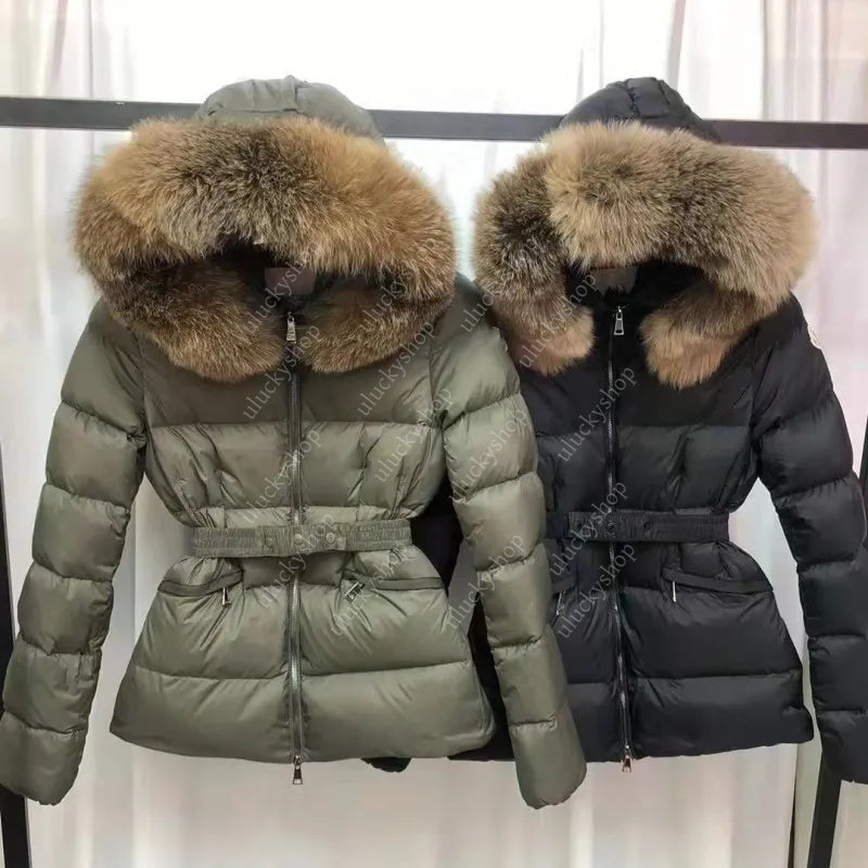 Designer Puffer Jacket Womens Down Jackets coats Luxury Jacket real raccoon hair collar warm fashion parkas with belt lady cotton coat S-XL