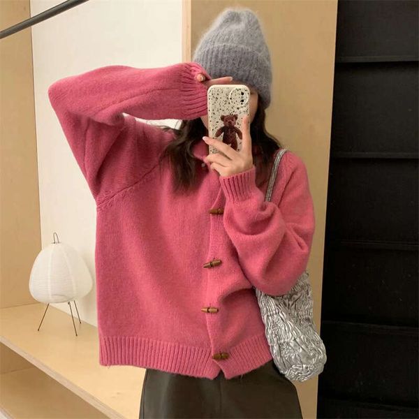 Korean style cow horn buckle hooded knitted outerwear for women in autumn winter, with lazy simple style, and a slimming sweater cardigan
